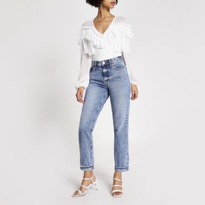 White long sleeve frill V neck bodysuit