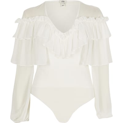 White long sleeve frill V neck bodysuit