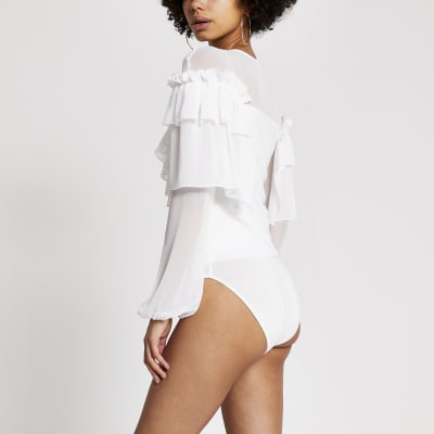 White long sleeve frill V neck bodysuit