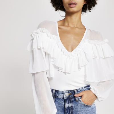 White long sleeve frill V neck bodysuit