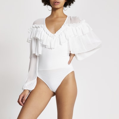 White long sleeve frill V neck bodysuit
