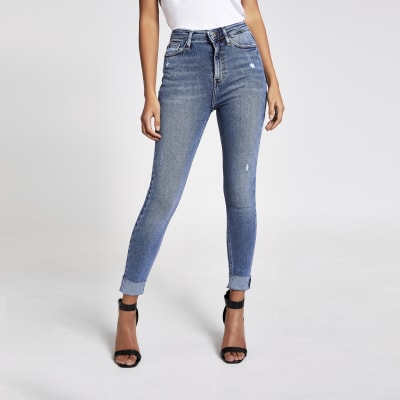 Hailey - Blauwe high rise jeans met omgeslagen pijpen