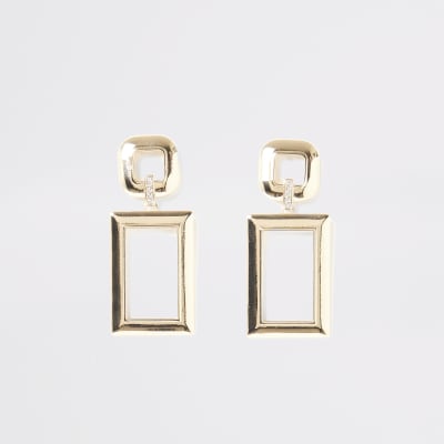 Boucles d'oreilles pendantes rectangulaires dorées à strass 