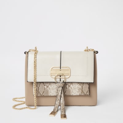 Sac bandoulière à imprimé serpent beige avec fermoir devant