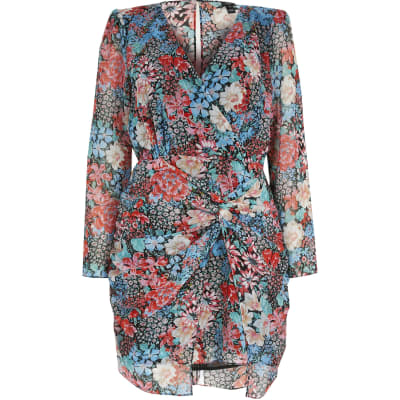 Blue floral twist front mini dress