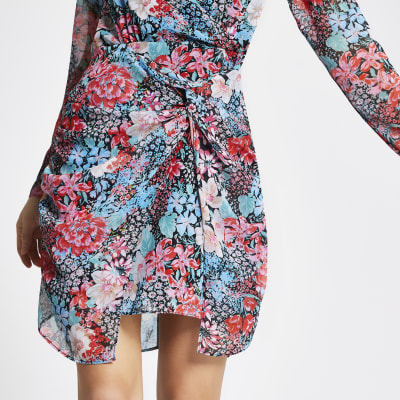 Blue floral twist front mini dress