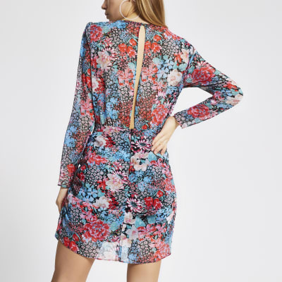 Blue floral twist front mini dress