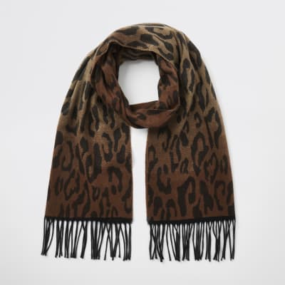 Écharpe en maille marron ombrée imprimé léopard 