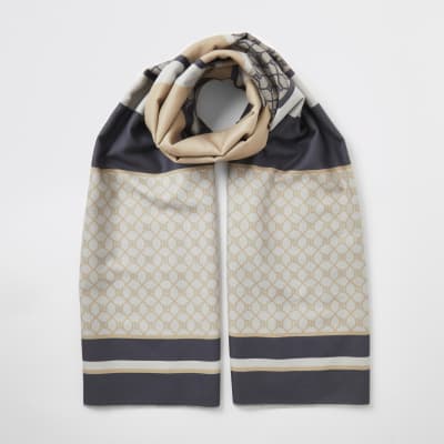Écharpe beige avec imprimé monogramme RI contrasté 