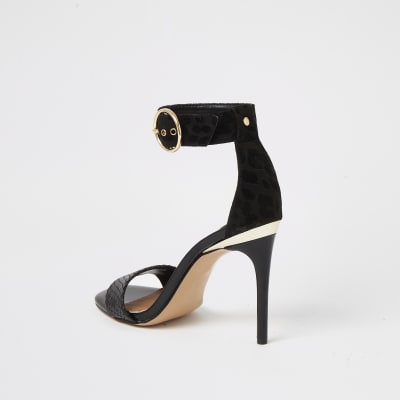 Black embossed barely there heeled sandals