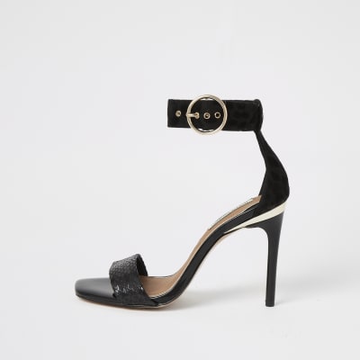 Black embossed barely there heeled sandals