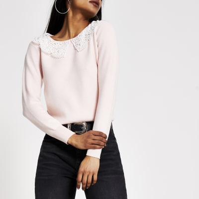Petite pink broderie pearl collar knit jumper