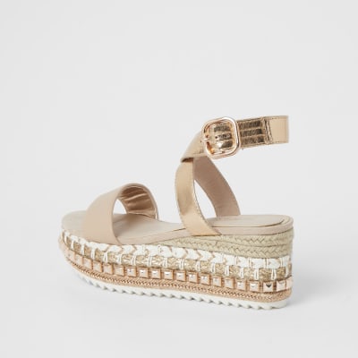 Rose gold studded espadrille flatform sandals