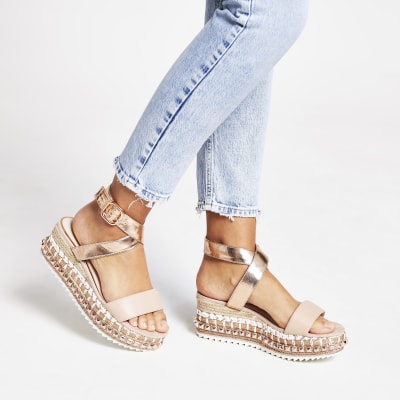 Rose gold studded espadrille flatform sandals