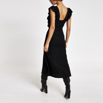 Black frill sleeve midi dress