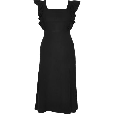 Black frill sleeve midi dress