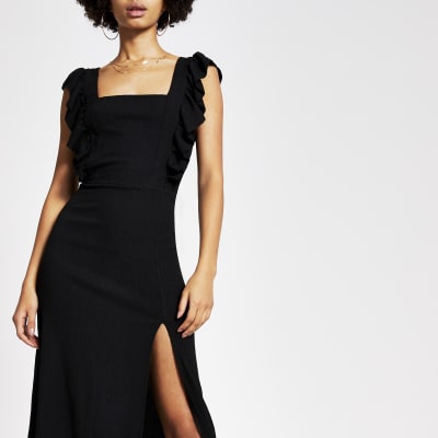 Black frill sleeve midi dress