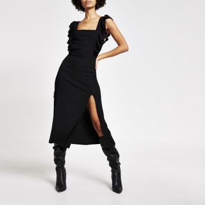 Black frill sleeve midi dress