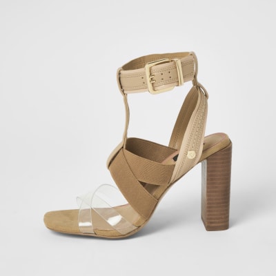 Brown elasticated strap wide fit heel sandals
