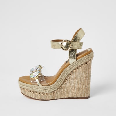 Beige embellished wide fit wedge sandals