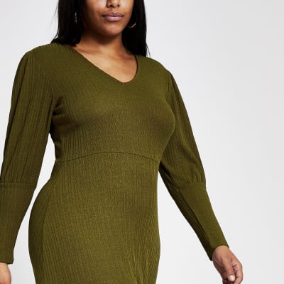 Plus khaki puff sleeve A line rib midi dress