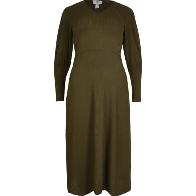 Plus khaki puff sleeve A line rib midi dress