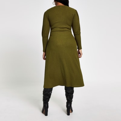 Plus khaki puff sleeve A line rib midi dress