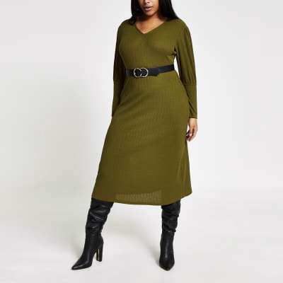 Plus khaki puff sleeve A line rib midi dress