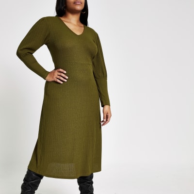 Plus khaki puff sleeve A line rib midi dress