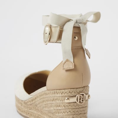 Brown lace-up ankle espadrille wedge sandals
