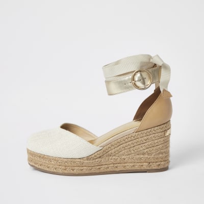 Brown lace-up ankle espadrille wedge sandals
