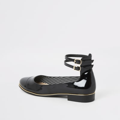 Black patent ankle strap ballet shoes