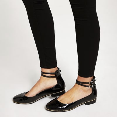 Black patent ankle strap ballet shoes