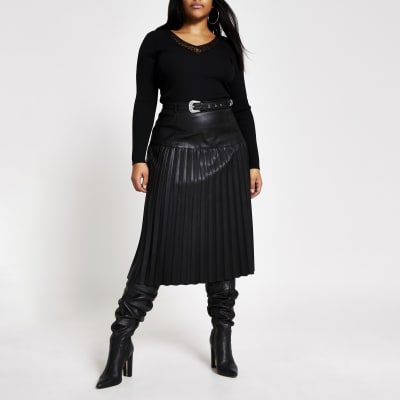 Plus black faux leather pleated midi skirt