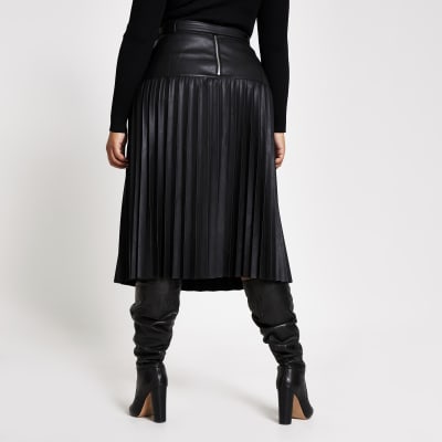 Plus black faux leather pleated midi skirt