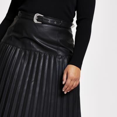 Plus black faux leather pleated midi skirt