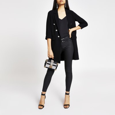 Blazer long noir boutonné 