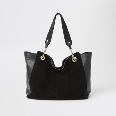 Black suede soft wing shopper tote bag
