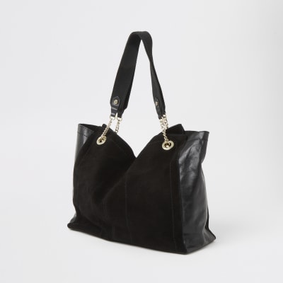 Schwarze, leicht ausgestellte Shopper-Tote Bag aus Wildleder