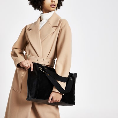 Black suede soft wing shopper tote bag