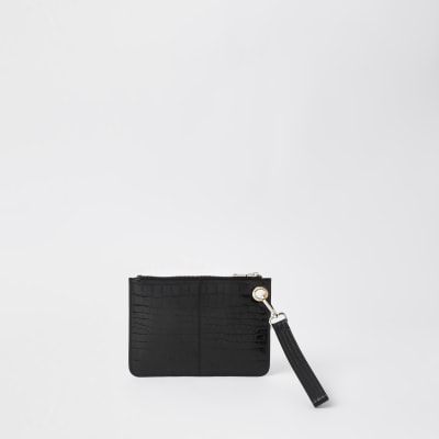 Pochette en cuir noir en relief effet croco