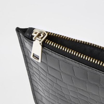Black leather croc embossed clutch bag