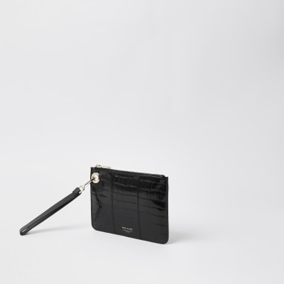 Zwarte leren clutch met krokodillenprint en reliëf