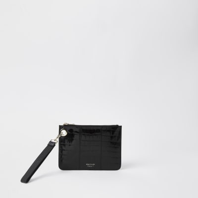 Pochette en cuir noir en relief effet croco