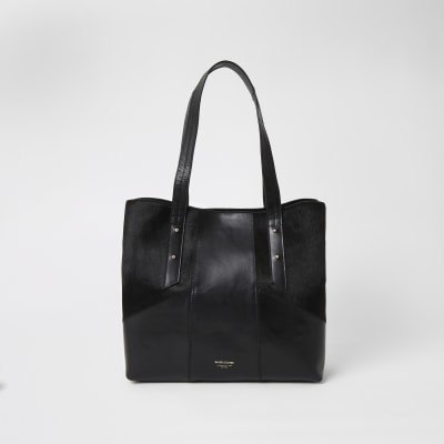 Cabas en cuir noir contrasté 