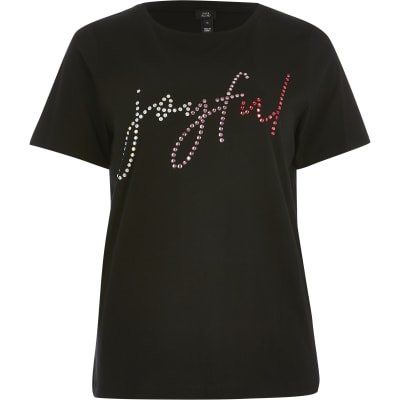 Black 'Joyful' embellished T-shirt