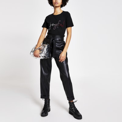 Black 'Joyful' embellished T-shirt