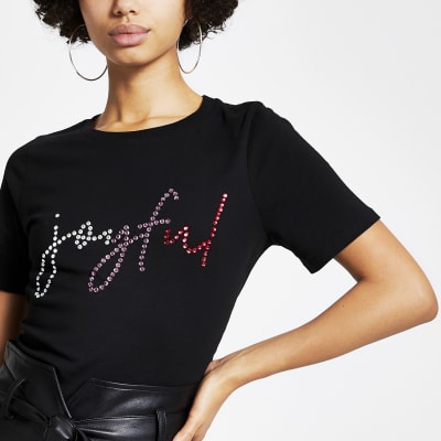 Black 'Joyful' embellished T-shirt