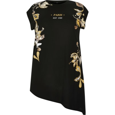 Plus black paisley asymmetric hem T-shirt