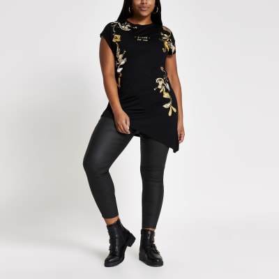 Plus black paisley asymmetric hem T-shirt